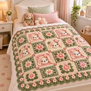 May include: A handmade crochet blanket featuring a repeating pattern of square motifs. The design alternates between squares with three-dimensional cream-colored bunny faces with pink accents and squares with pink and yellow floral centers on green backgrounds.