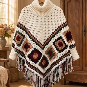 May include: A cream-colored crochet poncho featuring a ribbed turtleneck collar and a V-shaped hemline. The garment is constructed with a pattern of multi-colored granny squares in shades of burgundy, dark green, and tan, finished with long fringe.