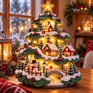 Può includere: Una decorazione per albero di Natale all'uncinetto a più livelli con case in miniatura, un pupazzo di neve, un ponte in pietra e piccoli alberi sempreverdi. La struttura è illuminata da luci calde e sormontata da una stella dorata.