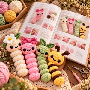 May include: Four crocheted amigurumi figures shaped like segmented worms or caterpillars, featuring smiling faces, pink cheeks, and decorative tops including a white flower, a pink bow, green leaves, and brown antennae, displayed with a craft book.