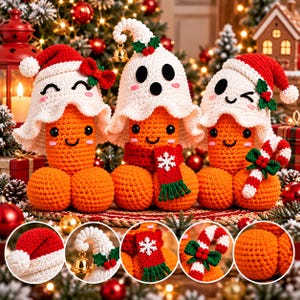 May include: Three crocheted orange figures with round bases and ghost-like white hoods. The left figure wears a Santa hat, the centre has a bell and red scarf with a snowflake, and the right figure wears a Santa hat and holds a candy cane.