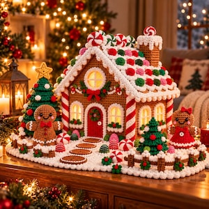 May include: A crocheted gingerbread house with a red door, white icing trim, and colourful candy accents. The scene includes two crocheted gingerbread figures, two small Christmas trees, and a white crocheted base resembling snow.