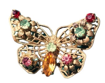 Small Filigree BUTTERFLY brooch with Rhinestones, Dainty, Vintage FREE SHIPPING