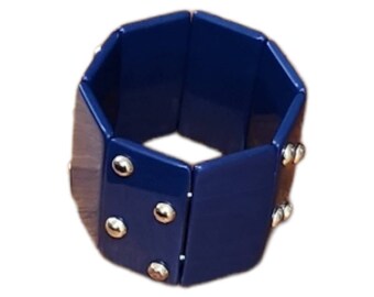 Vintage Lucite Navy Blue With Gold Tone Studs Wide Panel Bracelet, Chunky Elastic, 1960's, Rare Find,  FREE SHIPPING