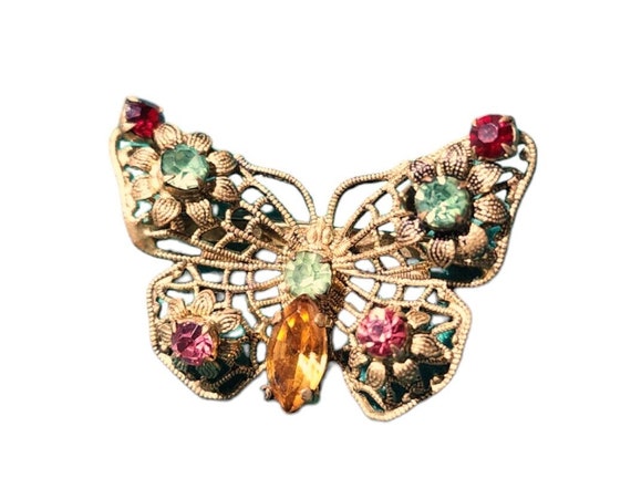 Small Filigree BUTTERFLY brooch with Rhinestones,… - image 1