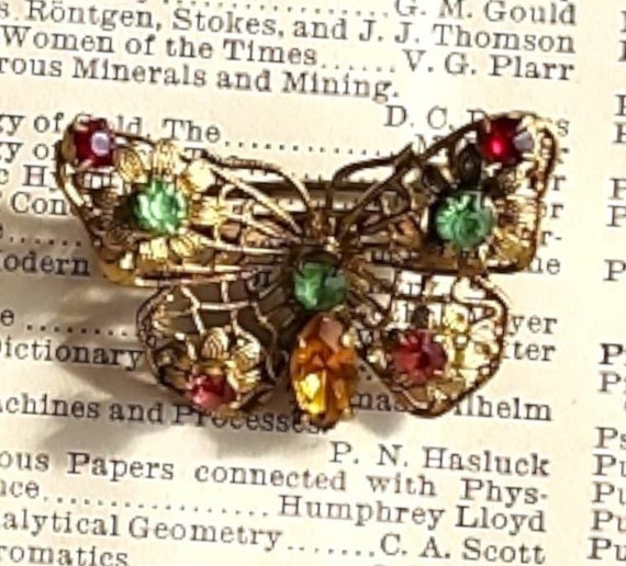 Small Filigree BUTTERFLY brooch with Rhinestones,… - image 2