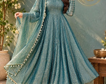 Designer Anarkali Gown Set with Pant and Dupatta, Foil Work Ethnic Party Wear