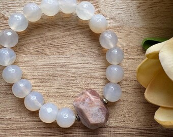 Rose Quartz Bracelet with Brown Moonstone Center Stone |  | Handmade Gemstone Stretch Bracelet