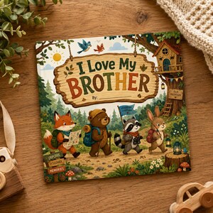 Könnte beinhalten: Ein quadratisches Kinderbuch mit dem Titel I Love My Brother und einem Holzschild-Motiv auf dem Einband. Die Illustration zeigt einen Fuchs, Bären, Waschbären und Hasen beim Wandern im Wald nahe einem Baumhaus. Der Einband enthält den Text Explore, Discover, Memories.