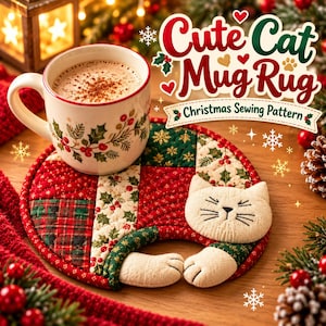 Christmas Cat Mug Rug Sewing Pattern PDF | Quilted Patchwork Design