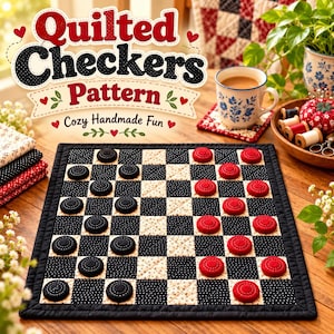 Puede incluir: Un tablero de damas acolchado cuadrado con un patrón de cuadros en negro y crema, junto con fichas circulares de tela en negro y rojo. El tablero tiene un borde de tela negra y muestra el texto Quilted Checkers Pattern.