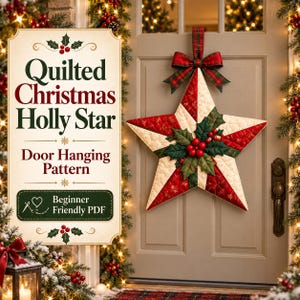 May include: A quilted star-shaped door hanging featuring a red and cream fabric pattern with a central holly and berry embellishment. A plaid ribbon bow hangs from the top. The text reads Quilted Christmas Holly Star Door Hanging Pattern.