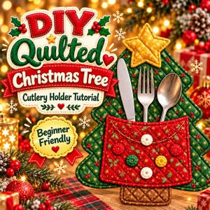 May include: A quilted Christmas tree-shaped cutlery holder featuring a green fabric with gold star patterns, a red pocket with buttons, and a yellow star topper. The text reads DIY Quilted Christmas Tree Cutlery Holder Tutorial Beginner Friendly.