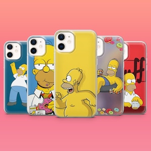 May include: Five clear phone cases featuring various illustrations of Homer Simpson. The designs include Homer eating a donut, running, relaxing with a drink, and standing with a beer mug. Each case has cutouts for the camera lens and buttons.