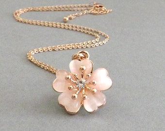 Gift for Mom, Cherry Blossom Necklace, Rose Gold Sakura Necklace, Pink Cherry Blossom Wedding, Flower Girl Gift, Bridesmaid or Bride Jewelry