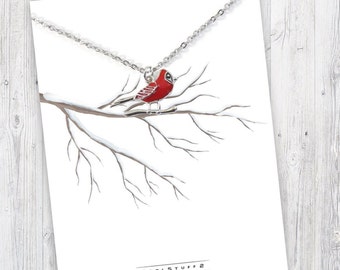 Red Cardinal Necklace, Stainless Steel Necklace, Winter Bird Necklace