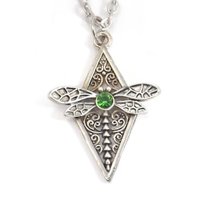 Dragonfly Necklace with Green Rhinestone, Filigree Art Nouveau Style Dragonfly Jewelry with Stainless Steel Chain