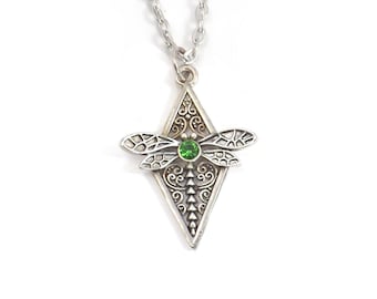 Dragonfly Necklace with Green Rhinestone, Filigree Art Nouveau Style Dragonfly Jewelry with Stainless Steel Chain