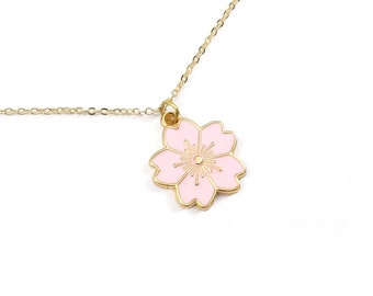 Pink Enamel Cherry Blossom Necklace, Spring Necklace, Jewelry Gift for Mother Birthday for Mom, Daughter Gift