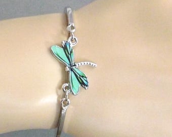 Dragonfly Bracelet, Enamel Dragonfly Jewelry, Spring Jewelry Spoon Bracelet, Wedding Dainty Thin Silver Cuff Bracelet, Dragonfly Charm