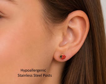 Tiny Enamel Ladybug Stud Earrings – Realistic Miniature Ladybirds on Hypoallergenic Stainless Steel Posts