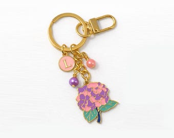 Hydrangea Keychain Bag Charm – Personalized Enamel Flower and Initial with Coordinating Glass Pearls