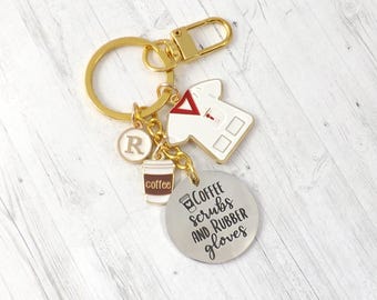 Personalized Nurse Keychain – Enamel Scrub Top, Coffee Cup & Initial Bag Charm