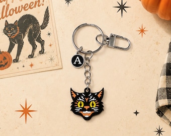 Retro Black Cat Keychain – Vintage Halloween Acrylic Bag Charm with Initial Personalization