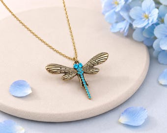 Antique Gold Dragonfly Necklace – Blue Rhinestone Pendant on 18K Gold Plated Stainless Steel Chain