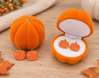 Orange Enamel Pumpkin Stud Earrings • Fall Jewelry • Stainless Steel Posts • Velvet Pumpkin Gift Box