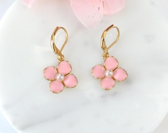 Pink Enamel Flower Earrings • 14K Gold Filled Leverback • Glass Pearl Center