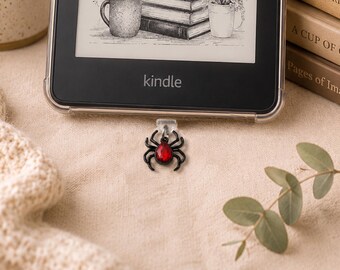 Black Spider Dust Plug Charm • Kindle, iPhone, Android • Fits Most Device Ports (USB‑C / Lightning / Micro‑USB) • Halloween Charm