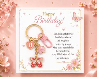 Personalized Birthday Keychain – Pink Butterfly & Flower Initial Enamel Bag Charm Gift