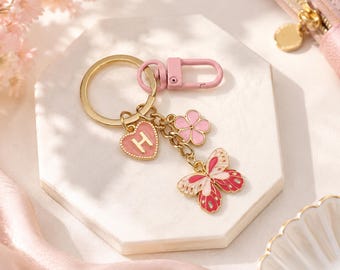 Personalized Pink Butterfly & Flower Keychain – Summer Pink Bag Charm Gift with Enamel Charms