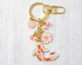 Koi & Cherry Blossom Keychain – Personalized Initial Enamel Bag Charm – Koi Fish with Sakura and Glass Pearls – Gift for Her