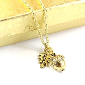 Gold Acorn Necklace, Tiny Gold Acorn with Oak Leaf Necklace, Oak Leaf, Fall Necklace, Fall Jewelry,  Autumn Necklace, 3D Acorn Charm