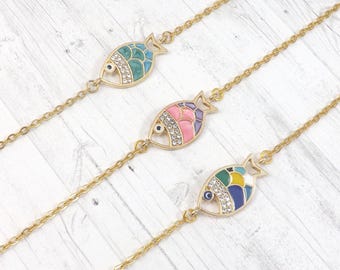 Fish Charm Bracelet, Colorful Enamel with Gold Stainless Steel Chain, Stackable Beachy Gift for Her