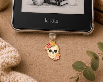 Skull With Roses Kindle Dust Plug Charm • Enamel Dark Romance • For Most Device Ports (USB‑C / Lightning / Micro‑USB)