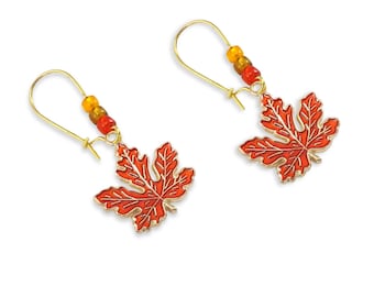 Enamel Red Maple Leaf, Gold Beaded Dangle Earrings, Fall Jewelry Red Leaf Charm