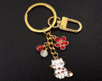 Cat Bag Charm – Enamel Kitty with Red Flower and Beads Keychain