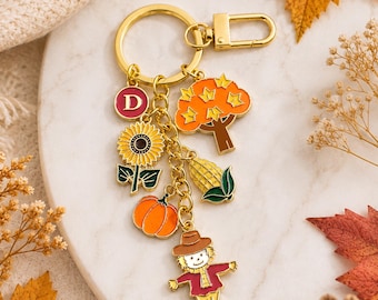 Fall Keychain with Scarecrow, Sunflower, Pumpkin, Corn, and Maple Tree Charms, Personalized Fall Bag Charm, Autumn Harvest