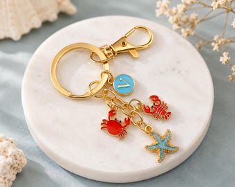 Personalized Ocean Keychain – Crab, Lobster & Starfish Charms – Beach Lover Summer Bag Charm
