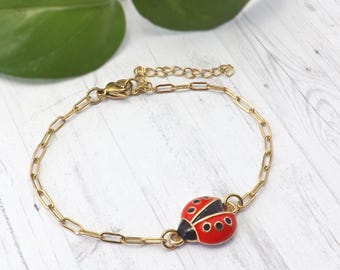 Ladybug Bracelet – Enamel Lucky Ladybird Charm – Gold Plated Stainless Steel Paperclip Chain Jewelry