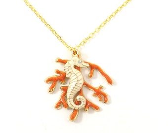 Beach Necklace, Seahorse Necklace, Coral Necklace, Nautical Necklace, Beach Jewelry, Enamel Charm, Under the Sea Necklace