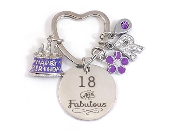 18th Birthday Gift for Daughter, Niece or Friend, Deluxe 18 and Fabulous Keychain with Personalized Initial and Birthstone
