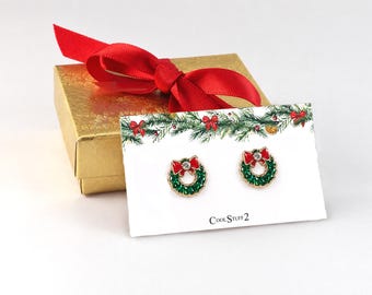 Christmas Wreath Studs, Dainty Enamel Earrings, Winter Jewelry, Gift Box Included