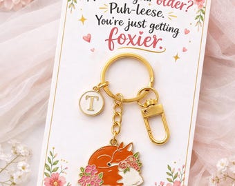 Funny Birthday Gift – Personalized Floral Fox Keychain – Getting Old Humorous Bag Charm