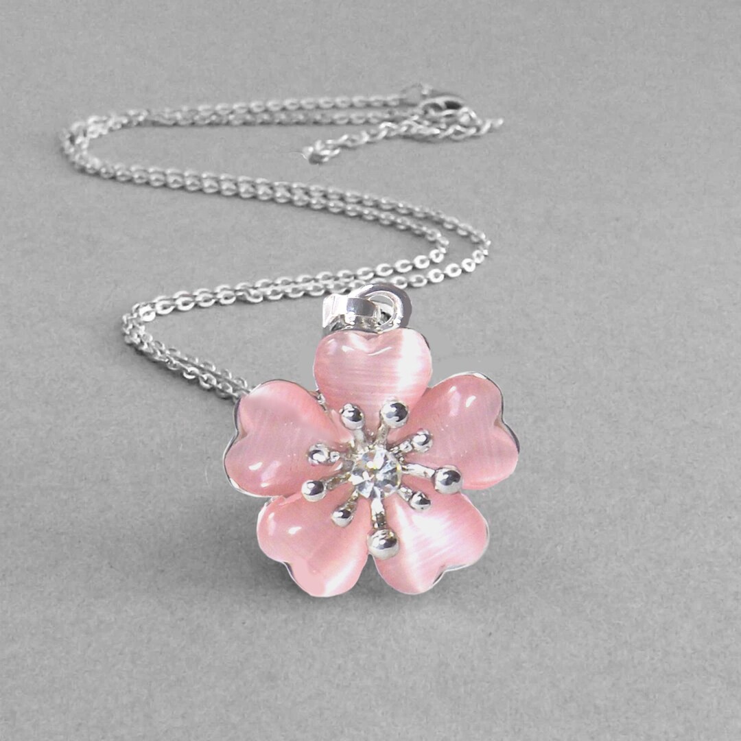 Cherry Blossom Necklace • Pink Cat's Eye Flower Pendant