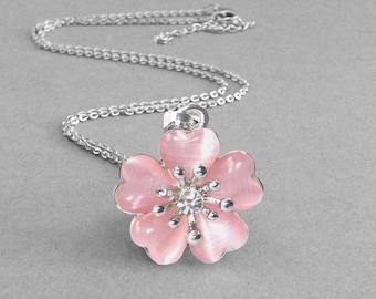 Cherry Blossom Necklace • Pink Cat’s Eye Flower Pendant • Stainless Steel Chain • Gift for Mom