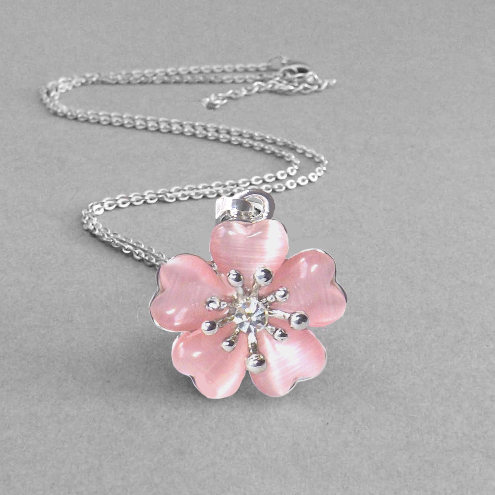 Cherry Blossom Necklace • Pink Cat's Eye Flower Pendant